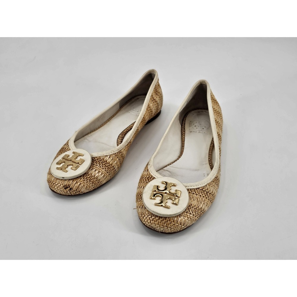 Tory Burch Womens 7.5 Flats Reva Raffiaโ Straw Flats Tan / White Woven Shoes